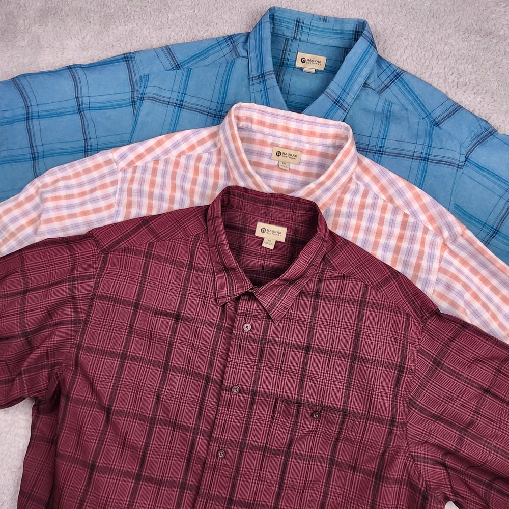 Haggar Button Down Shirt Mens XXL Multicolor Plaid Bundle of 3 Short Sleeve